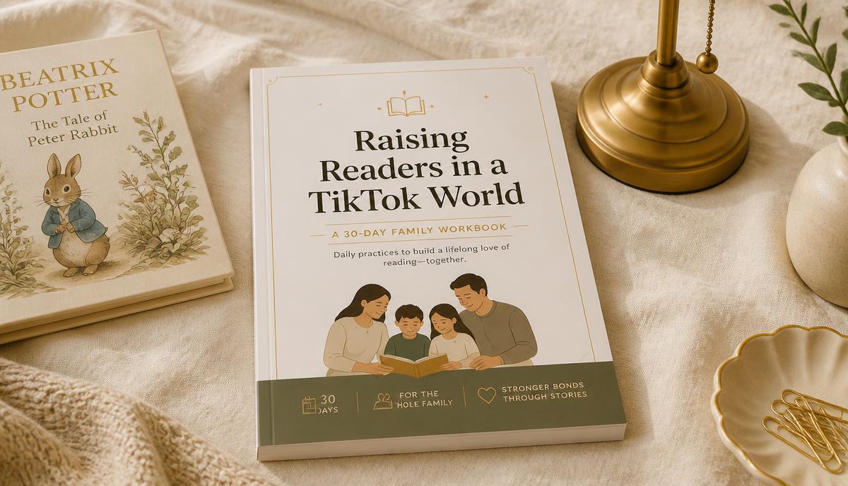 The Raising Readers in a TikTok World workbook on a linen surface beside a storybook and a reading lamp