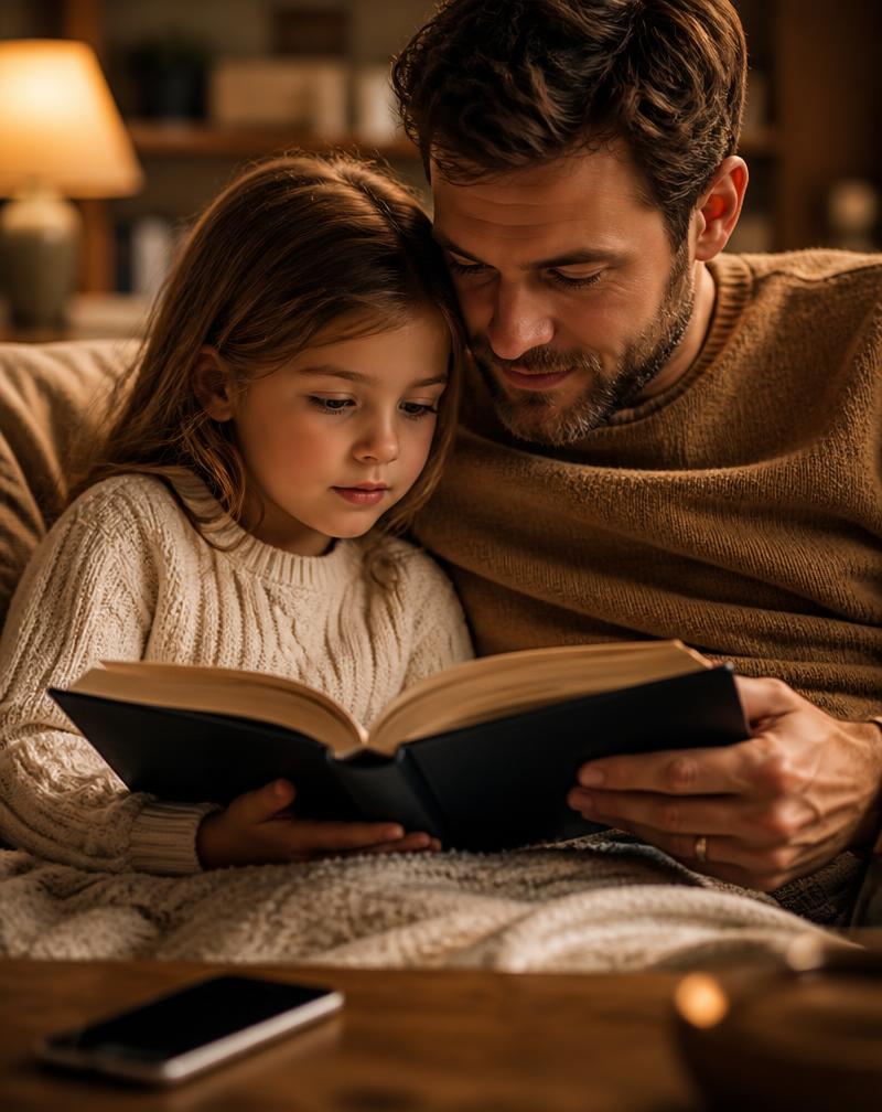 A father and daughter reading a book together in warm lamplight with the phone face down